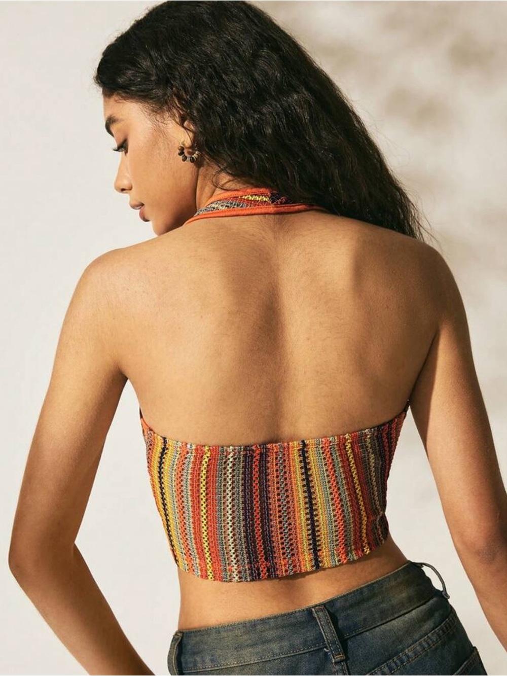 SHEIN Orange Multi-Stripe Crochet Lace-Up Halter Camisole Tie front with beads L - Picture 2 of 11